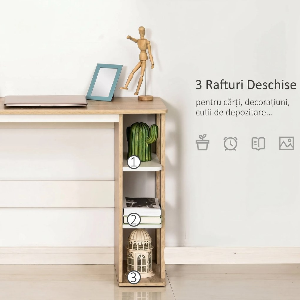 HOMCOM Birou Modern pentru Computer cu Raft cu 3 Etajere, Birou Modern din Lemn, 100x44x74 cm, Natural | Aosom Romania