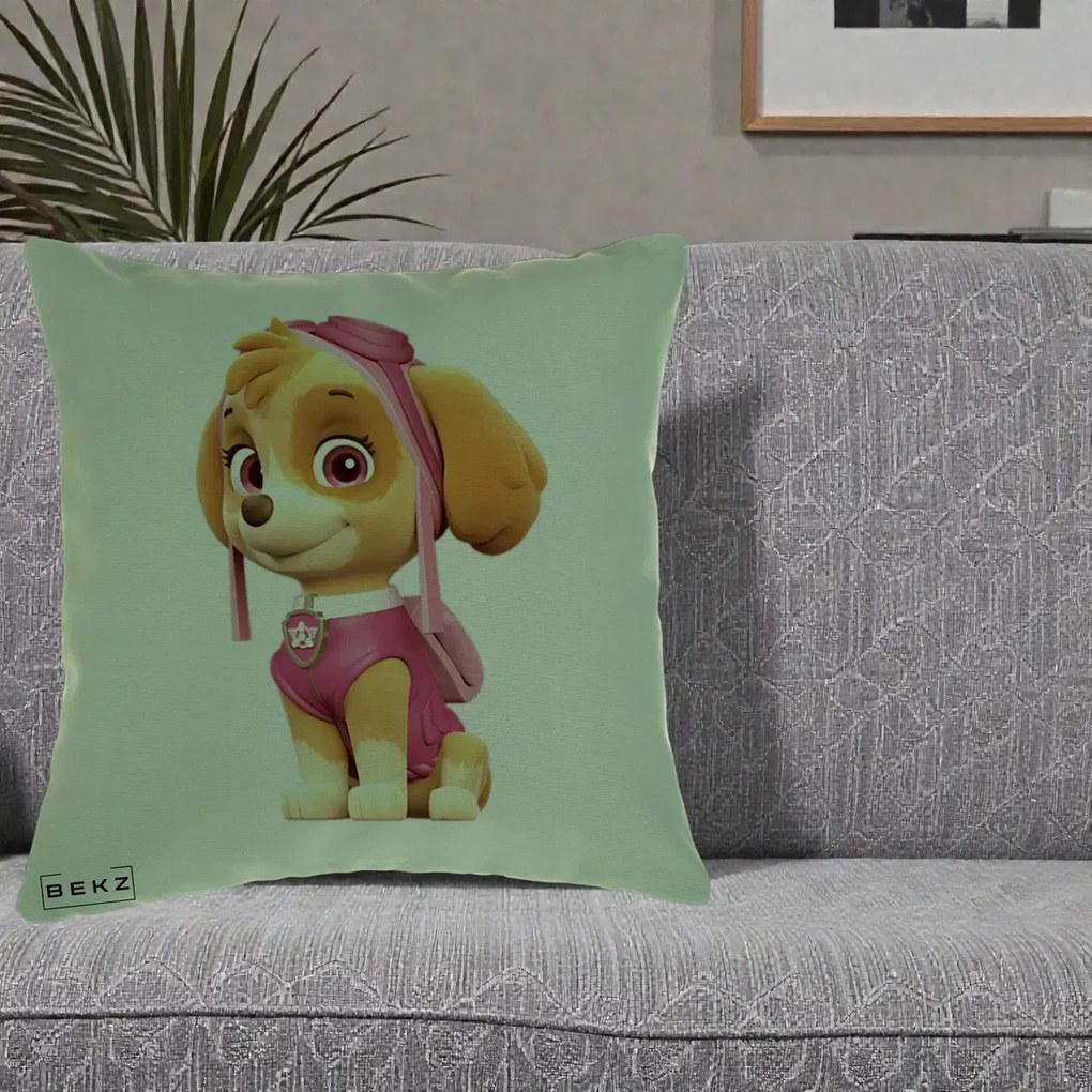 Perna Personalizata Skye PAW Patrol Roz, 40x40 cm, Verde, Husa Detasabila, Perna Inclusa, BEKZ®