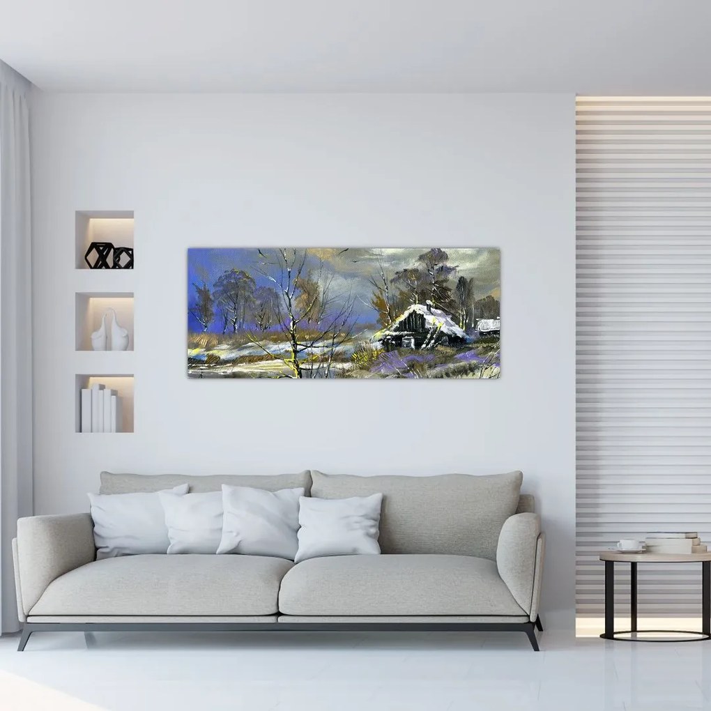 Tablou -Cabane într-un peisaj de iarnă, pictură în ulei (120x50 cm)