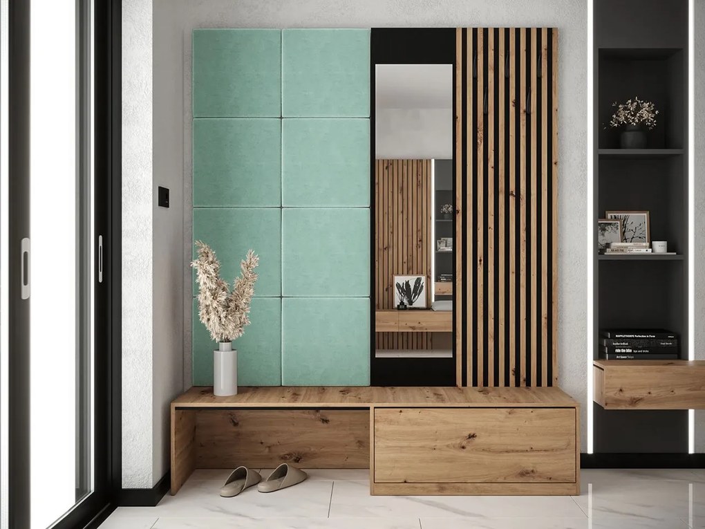 Mobilier hol Anrolat I (Stejar artisan + Negru + verde deschis) (cu oglindă). 1104694