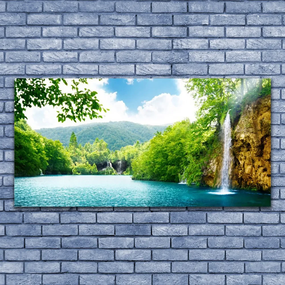 Tablou pe panza canvas Cascada Lacul Copaci Natura Alb Albastru