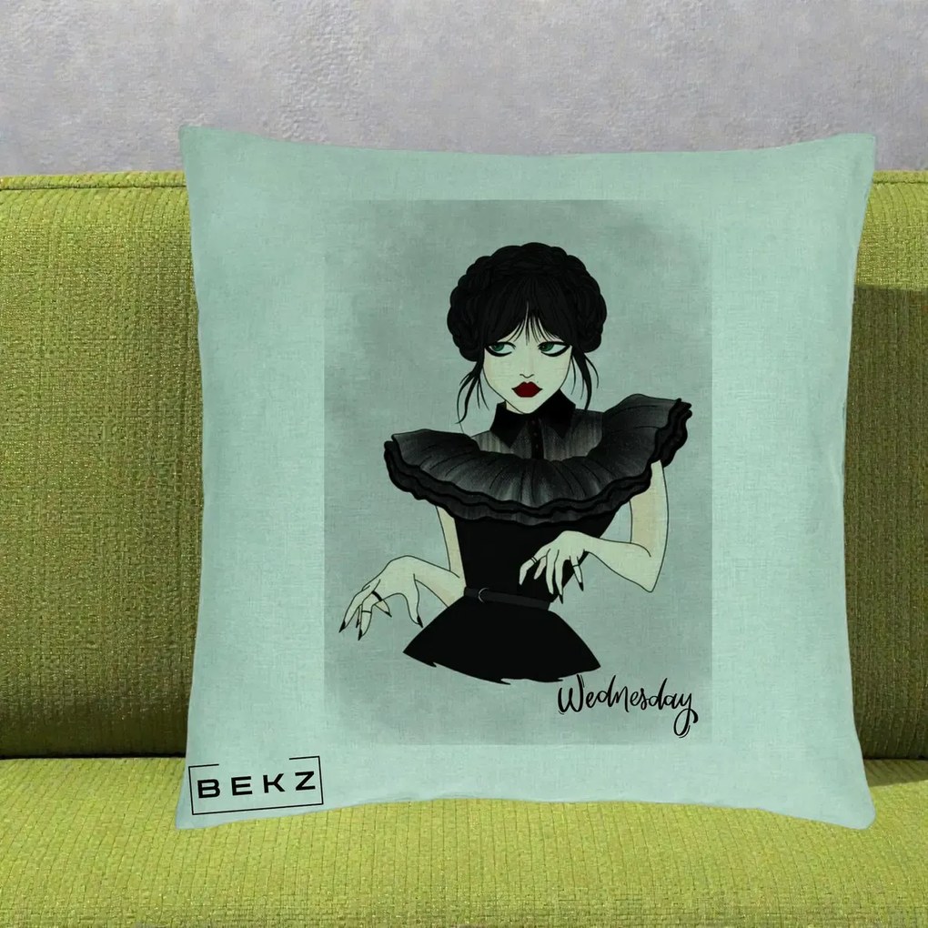 Perna Personalizata Wednesday Addams Portret Gotic, 40x40 cm, Verde Menta, Husa Detasabila, Perna Inclusa, BEKZ®