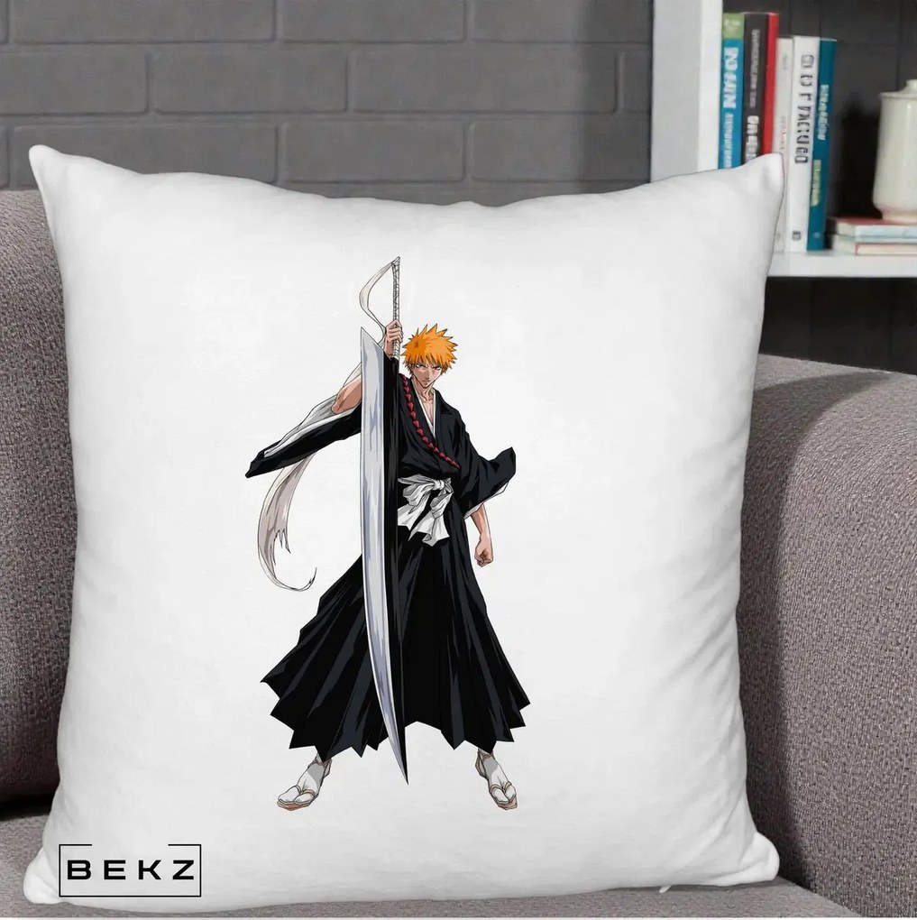 Perna Personalizata Bleach Ichigo Kurosaki Zangetsu, 40x40 cm, Alb Pufos, Husa Detasabila, Perna Inclusa, BEKZ®