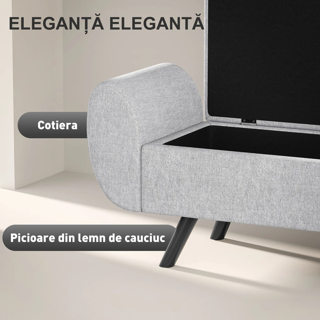 HOMCOM Bancă cu Spațiu de Depozitare cu Cotiere din Țesătură și Lemn 132x42x50 cm Gri | Aosom Romania