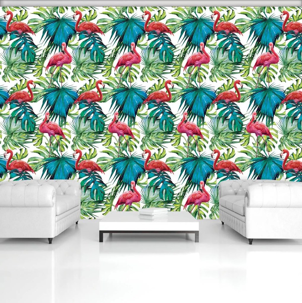 Fototapet - păsări flamingo și frunze (152,5x104 cm)