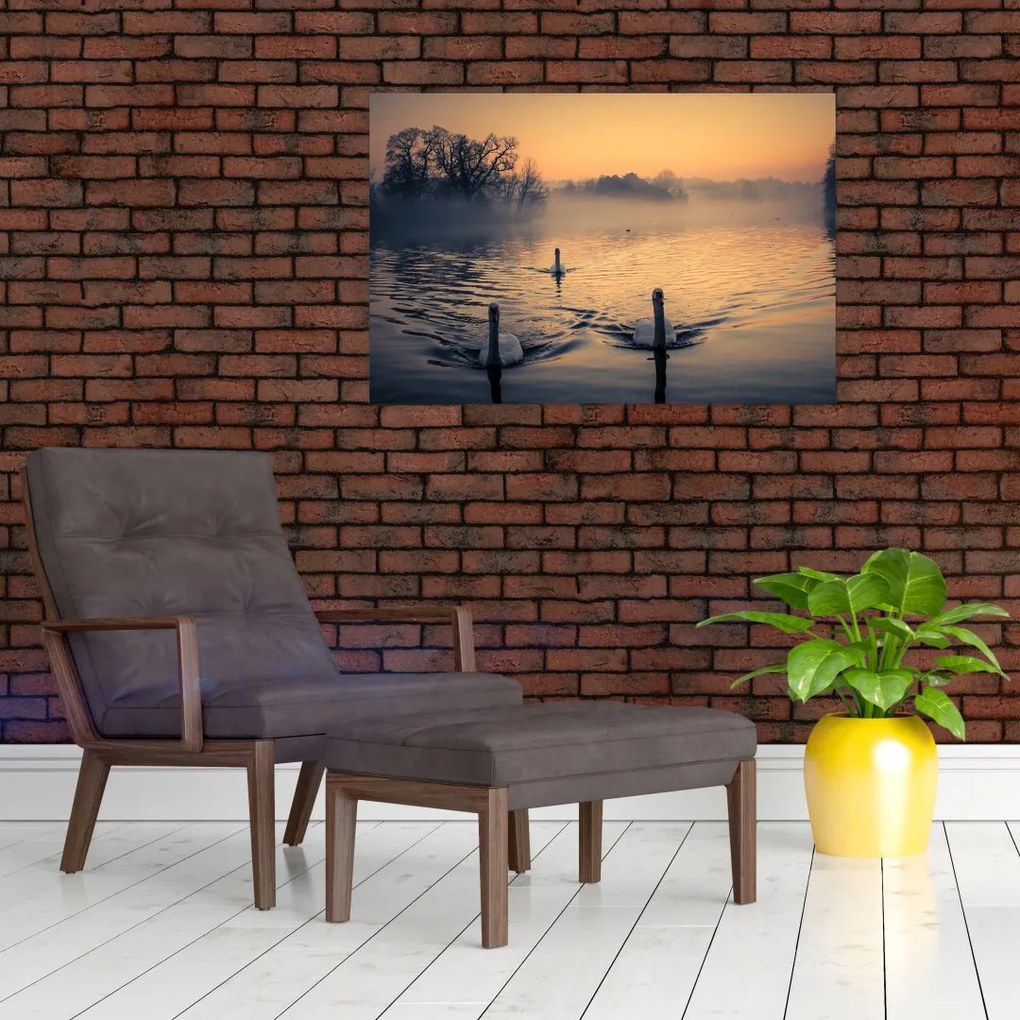 Tablou cu lebăde pe apă în ceață (90x60 cm)