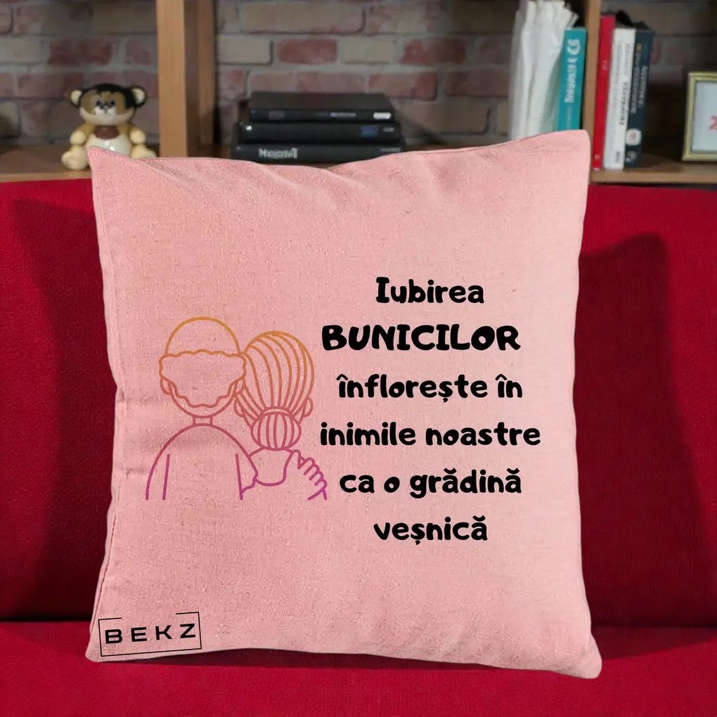 Cadou pentru Bunici - Perna Personalizata Iubirea Bunicilor Infloreste Cuplu Line Art Gradient, 40x40 cm, Roz, Husa Detasabila, Perna Inclusa, BEKZ®