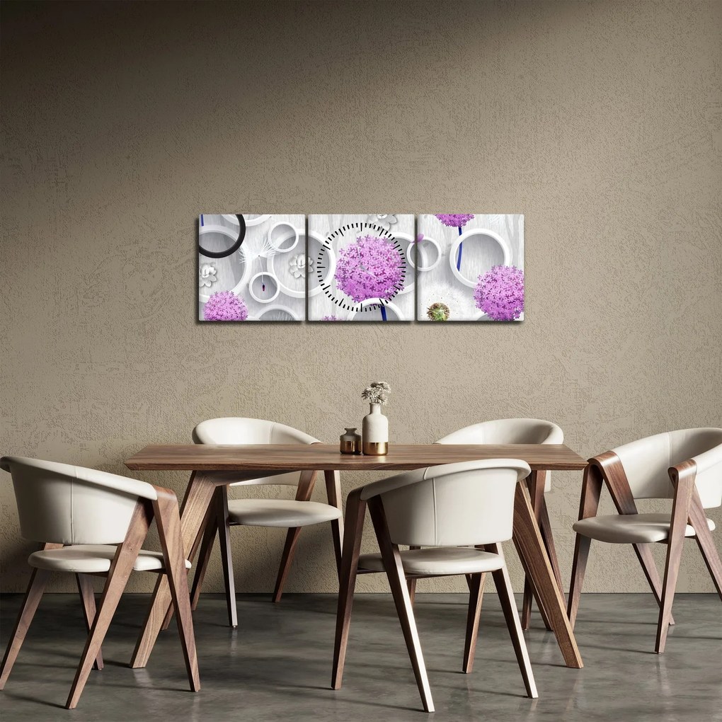Tablou cu abstracție 3D cu cercuri și flori (cu ceas) (90x30 cm)