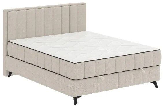 Pat tapițat ALICIA 160x200 cm, bej, cu saltele, topper și spațiu de depozitare