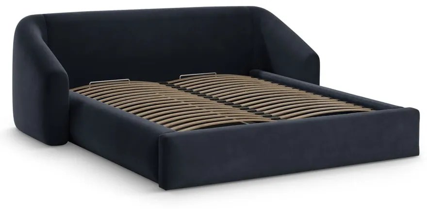 Pat matrimonial albastru închis tapițat cu spațiu de depozitare cu somieră 180x200 cm Campi – Cosmopolitan Design