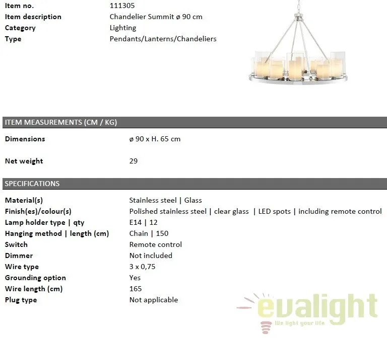 Lustra realizata manual, finisaj otel inoxidabil, telecomanda, Summit 90cm 111305 HZ