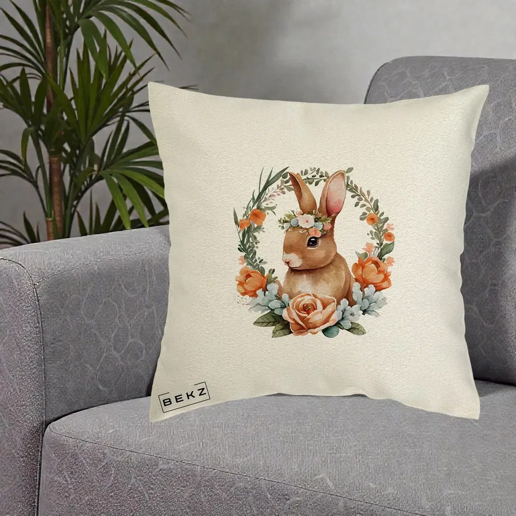 Perna Decorativa Iepuras Floral Coronita Acuarela, 40x40 cm, Ecru, Husa Detasabila, Perna Inclusa, BEKZ®