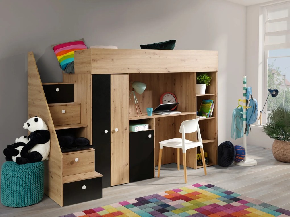 Pat pentru copii combinat 90 cm Sami 14 (Stejar artisan + negru mat + mânere albe). 1085820