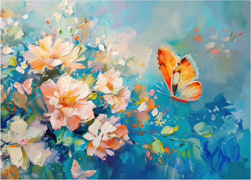 Tablou pe sticlă - Fluture și flori, pictură în ulei II. (70x50 cm)