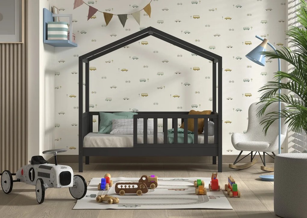 Pat pentru copii mici DALLAS 70x140 cm antracit din pin masiv cu bare de siguranță – Vipack