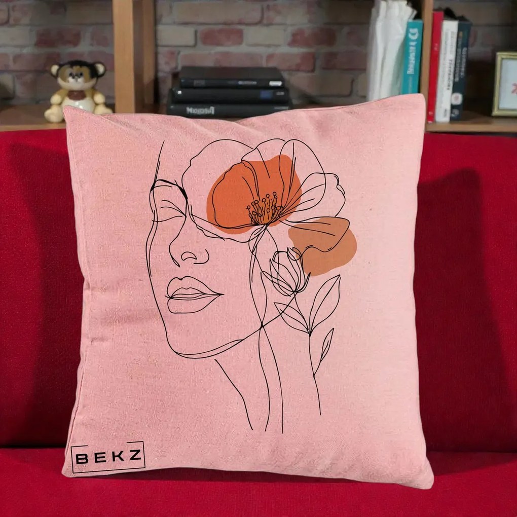 Perna Decorativa Portret Feminin Mac Profilat, 40x40 cm, Roz, Husa Detasabila, Perna Inclusa, BEKZ®