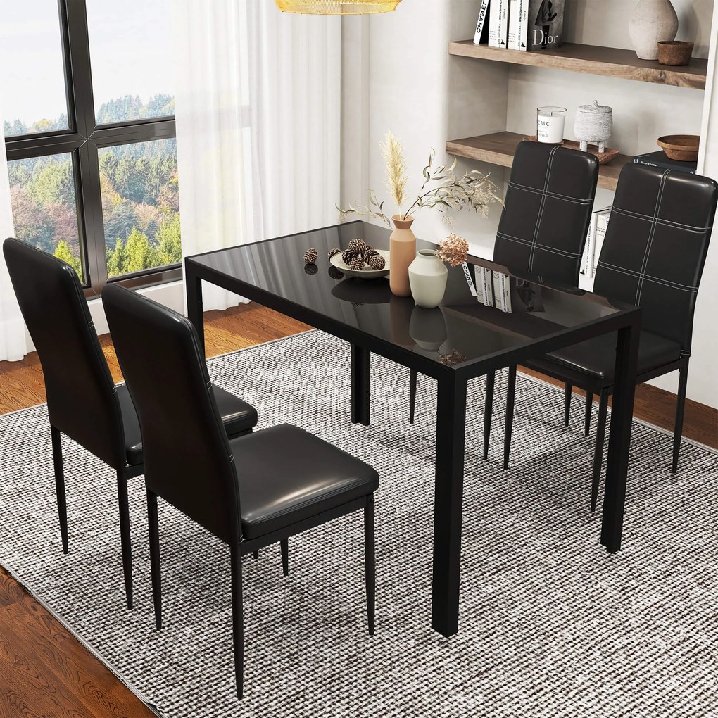 Homcom Set Masa de Luat Masa cu 4 Scaune Tapitate, Design Modern pentru Sala de Mese, Metal Sticlă PU, Negru | Aosom Romania