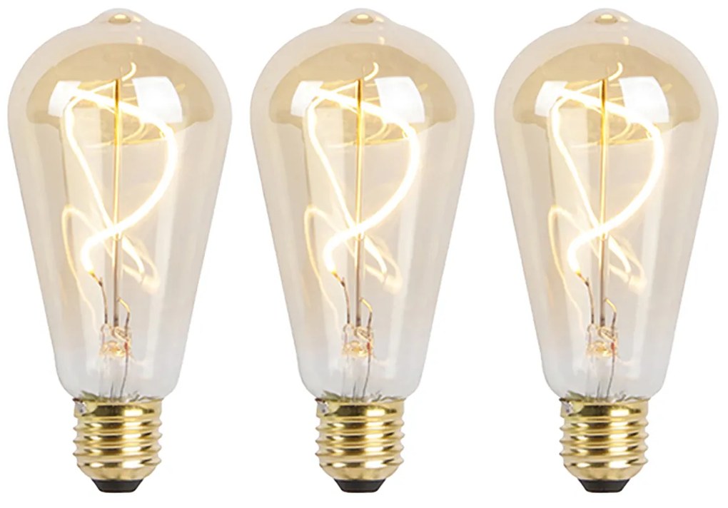 Set de 3 becuri LED cu filament spiralat E27 reglabile ST64 auriu 4W 270lm 2100K