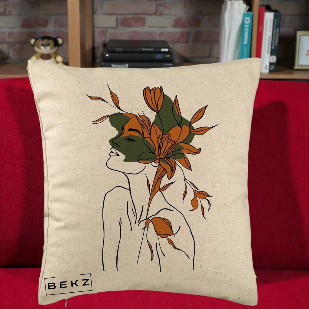 Perna Decorativa Portret Feminin Crin Auriu, 40x40 cm, Bej, Husa Detasabila, Perna Inclusa, BEKZ®