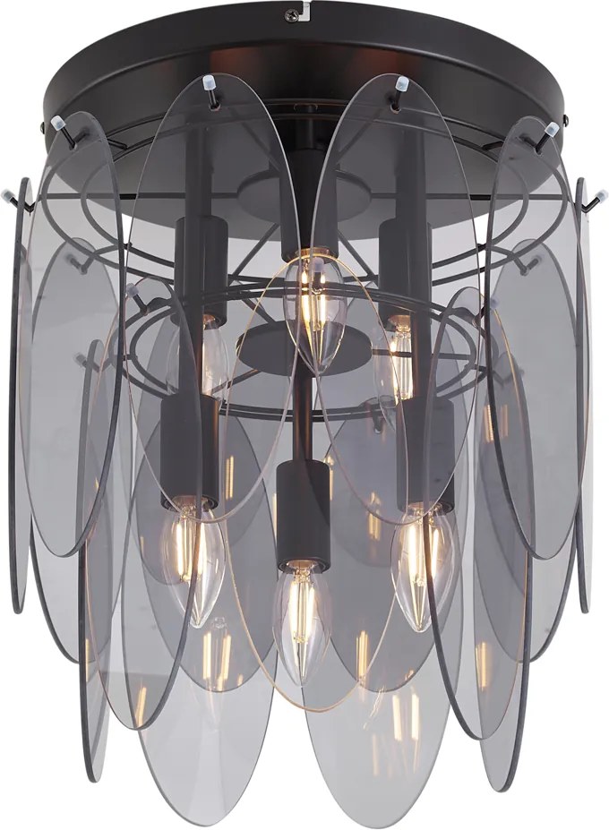 Art Deco plafondlamp zwart met smoke glas ovaal 6-lichts - Mochan