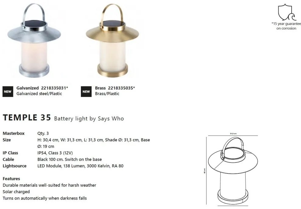 Lampa LED portabila pentru exterior solara cu baterii Temple To-Go 35 alama