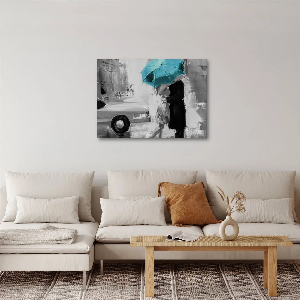 Tablou - Cuplu în dragoste cu umbrelă, albastru (70x50 cm)