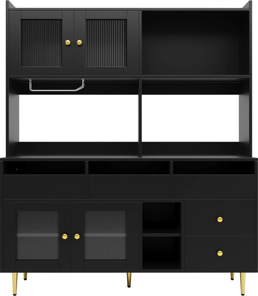 Dulap înalt pentru sufragerie, cu uși cu geam perforat, decor auriu și spațiu mare de depozitare pe mai multe niveluri, 145x39x171 cm, Negru