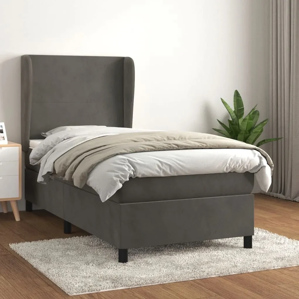 3129064 vidaXL Pat box spring cu saltea, gri închis, 90x190 cm, catifea