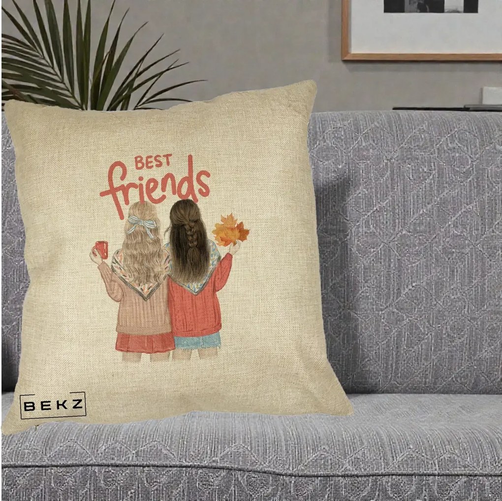 Cadou pentru Prieteni - Perna Personalizata Best Friends Toamna, 40x40 cm, Crem, Husa Detasabila, Perna Inclusa, BEKZ®