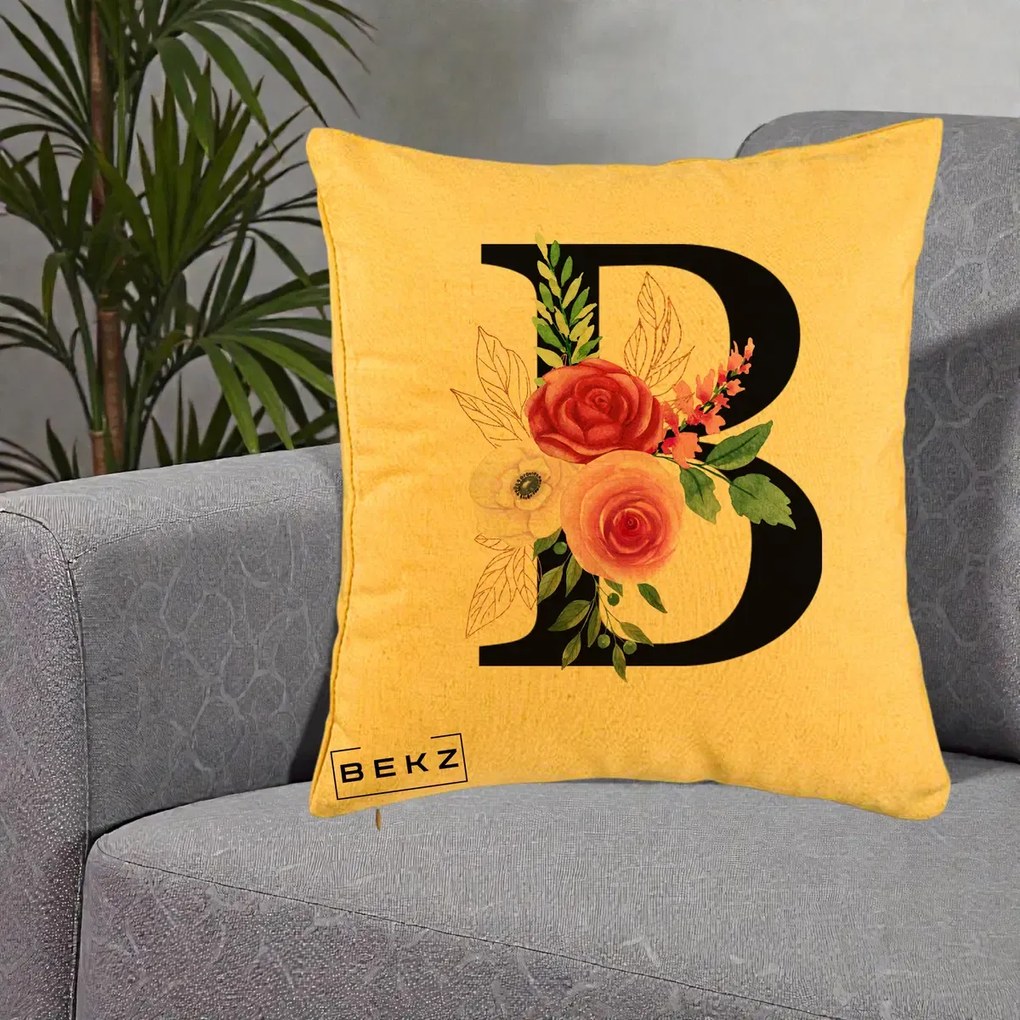 Cadou Personalizat - Perna Personalizata Monograma Florala Litera B, 40x40 cm, Galben, Husa Detasabila, Perna Inclusa, BEKZ®