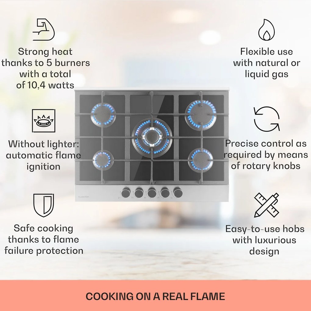 Klarstein Alchemist, plită pe gaz cu 5 zone, arzătoare din aluminiu, sticlă-ceramică, negru