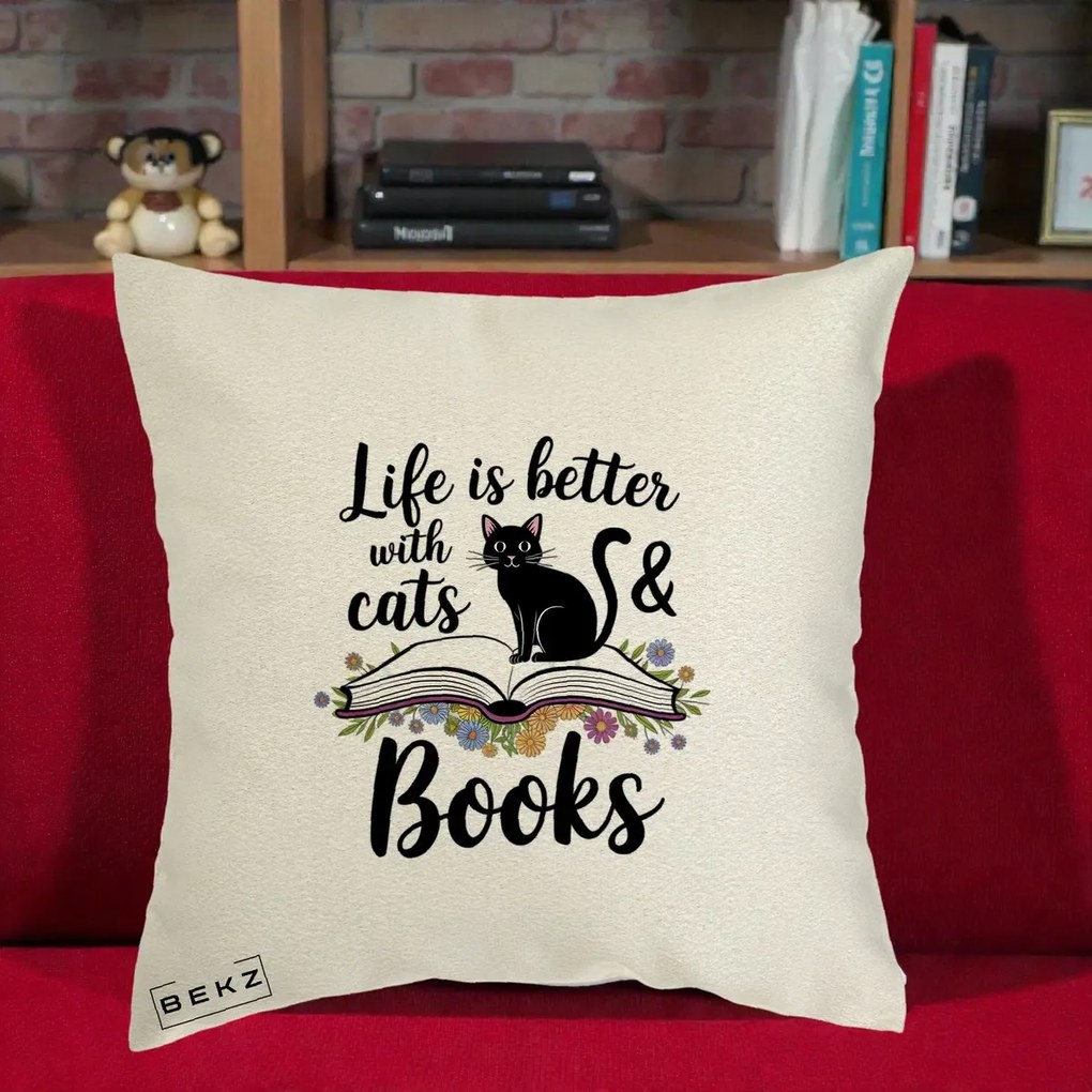 Perna Personalizata Life is Better Cats and Books, 40x40 cm, Ecru, Husa Detasabila, Perna Inclusa, BEKZ®