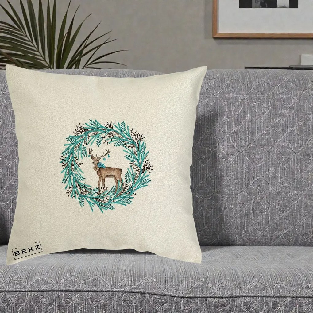 Perna Decorativa Coroana Turcoaz cu Ren, 40x40 cm, Ecru, Husa Detasabila, Perna Inclusa, BEKZ®