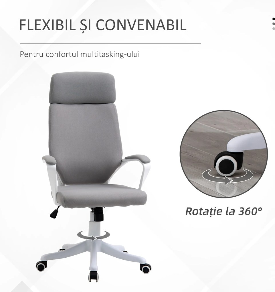 Scaun de Birou Pivotant cu Tetiera, Inaltime Reglabila, Functie de Balansoar, ridicare pneumatica 63x65x113-123cm, Gri Deschis Vinsetto | Aosom RO