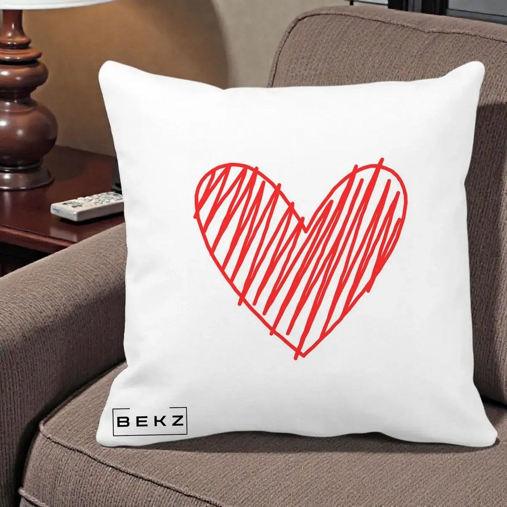 Perna Decorativa Inima Rosie Desen Manual, 40x40 cm, Alba Mata, Husa Detasabila, Perna Inclusa, BEKZ®