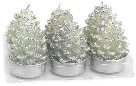 Set 6 lumanari decorative, con de brad argintiu, 5 cm