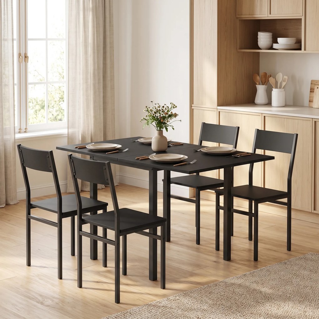 HOMCOM Set Masă și Scaune Dining 5 Piese Extensibil cu MDF și Metal, 80-120 cm, 4 Scaune Stivuibile, Negru | Aosom Romania