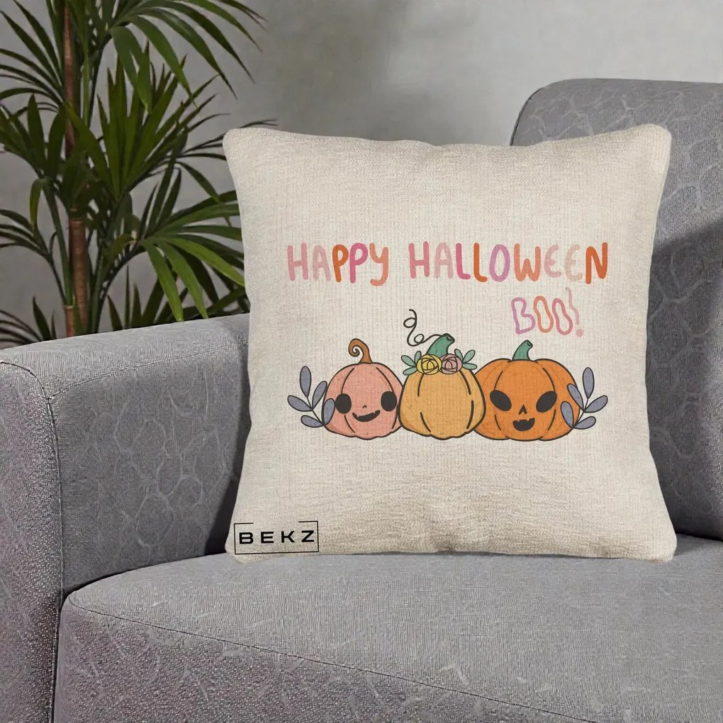 Perna Decorativa Happy Halloween Boo Trei Dovlecei Kawaii, 40x40 cm, Bej Canapea, Husa Detasabila, Perna Inclusa, BEKZ®