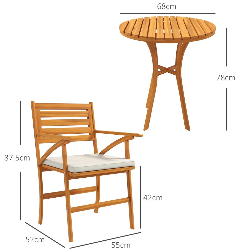 Outsunny Set Grădină din Lemn de Pin din 3 Piese, Set Exterior cu Masă Rotundă și 2 Scaune cu Perne, Ø68x78 cm, Maro | Aosom Romania