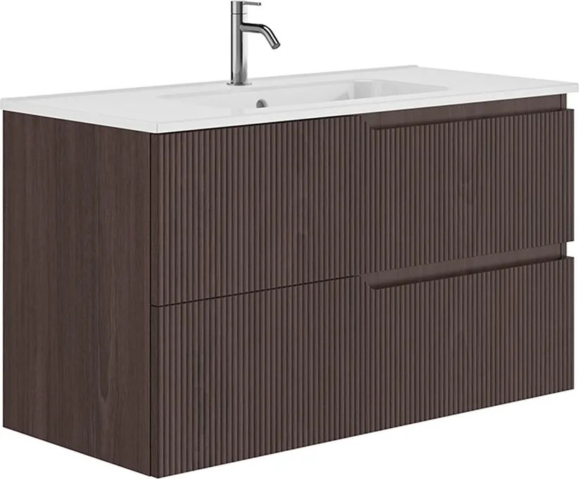 Set dulap baza suspendat Gala Canaletto 2 sertare 100 cm finisaj nuc negru si lavoar Luc alb