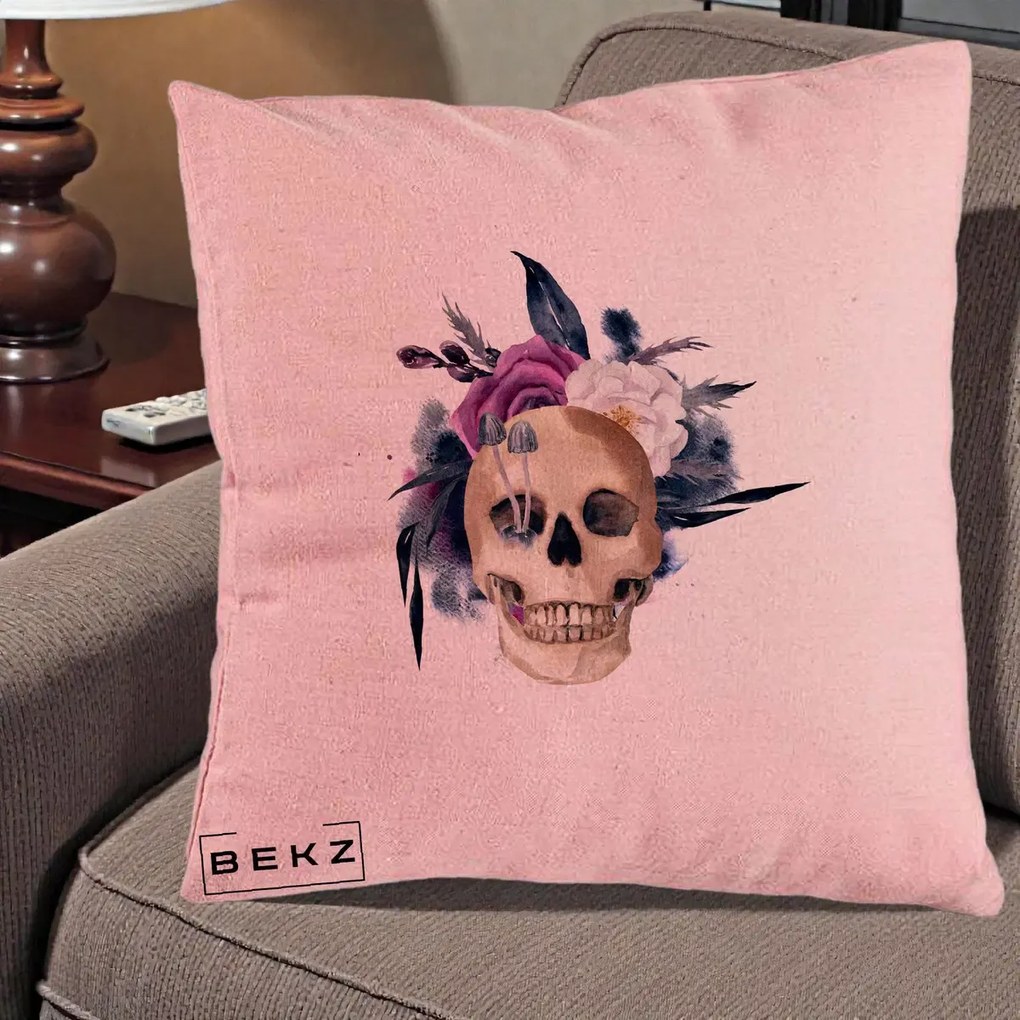 Perna Decorativa Craniu Floral cu Trandafiri si Ciuperci, 40x40 cm, Roz, Husa Detasabila, Perna Inclusa, BEKZ®