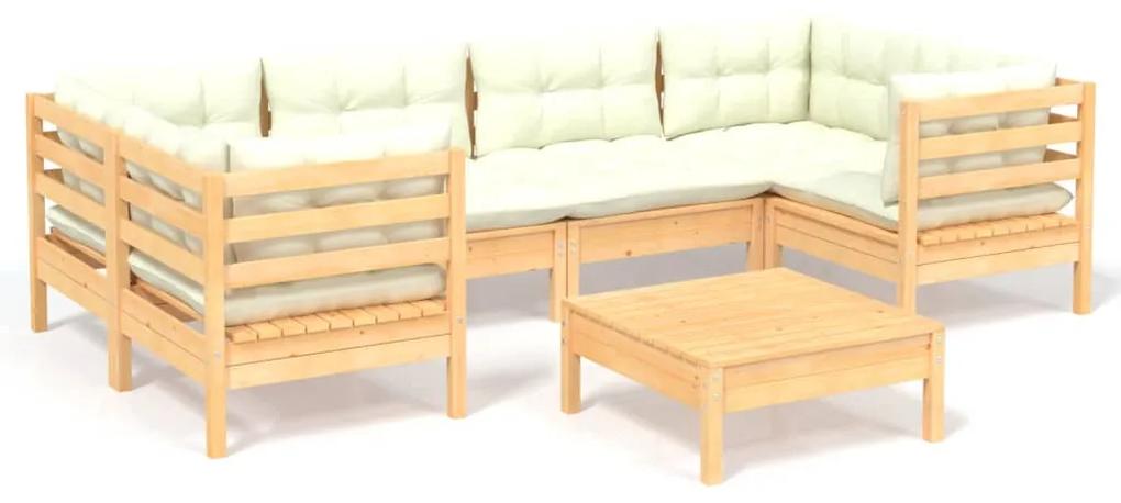 Set mobilier gradina cu perne crem, 7 piese, lemn masiv de pin maro si crem, 7