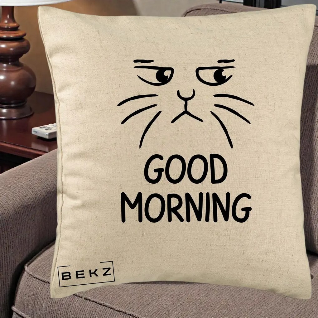 Perna Decorativa Pisica Morocanoasa Good Morning, 40x40 cm, Bej, Husa Detasabila, Perna Inclusa, BEKZ®