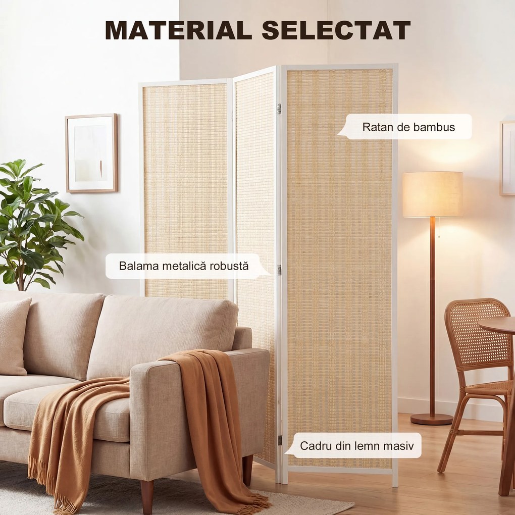 HOMCOM Paravan de Interior cu 3 Panouri, Pliabil, din Lemn și Bambus, 180 cm, Stil Boho, Natur/Alb | Aosom Romania