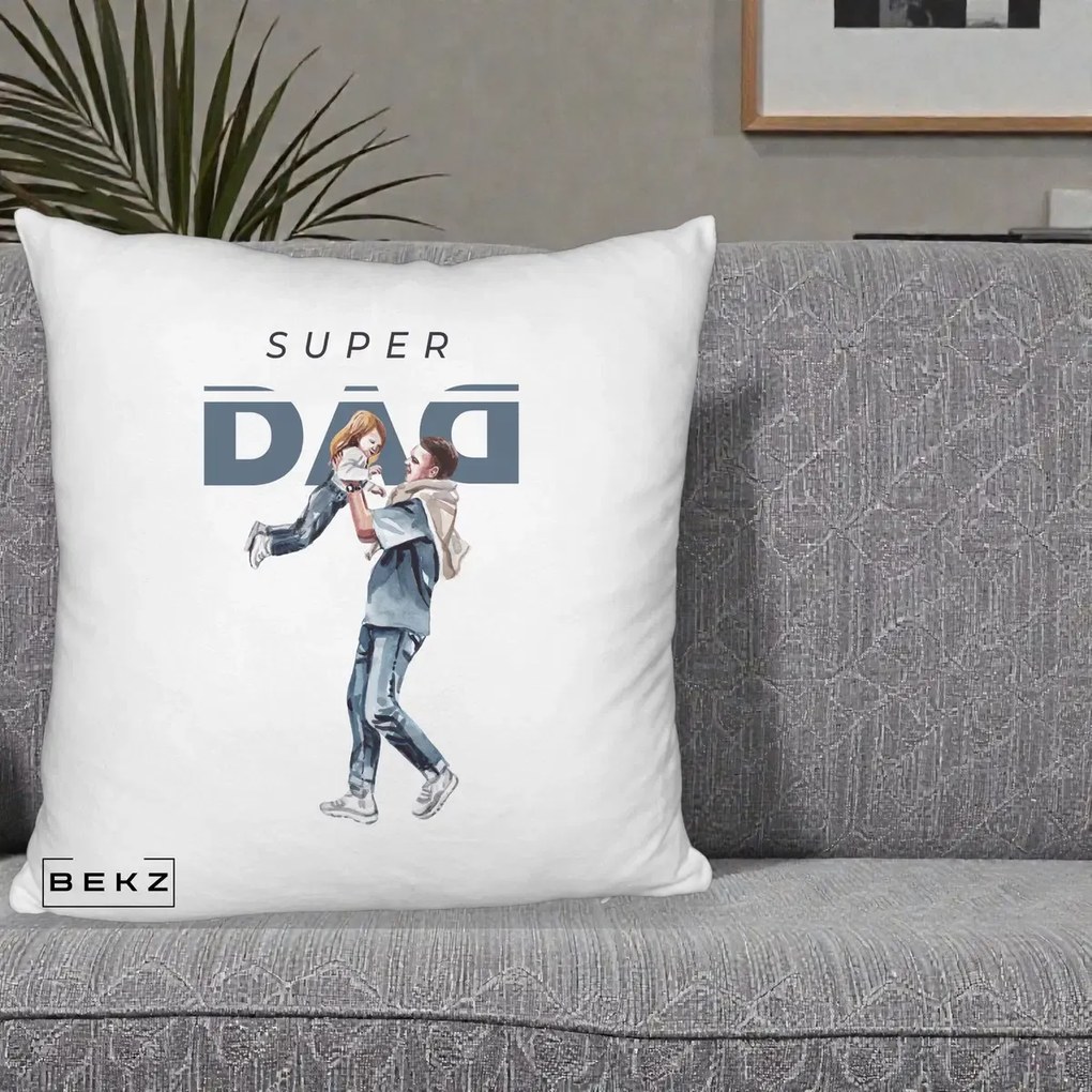 Cadou pentru Tata - Perna Personalizata Super DAD Tata si Fiica, 40x40 cm, Alb Pufos, Husa Detasabila, Perna Inclusa, BEKZ®