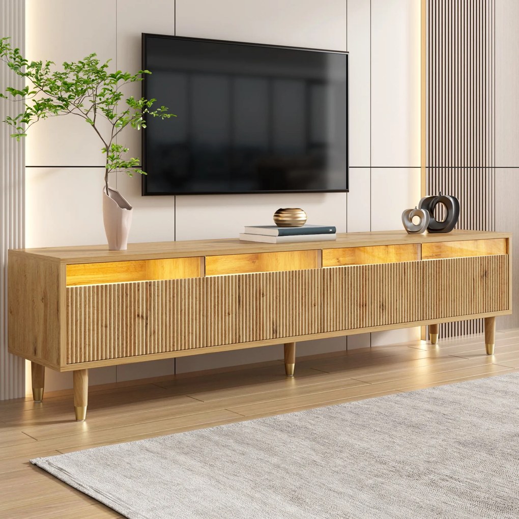 Comodă TV cu 4 sertare, din MDF și acril, 178x35x45 cm, Culoare naturală