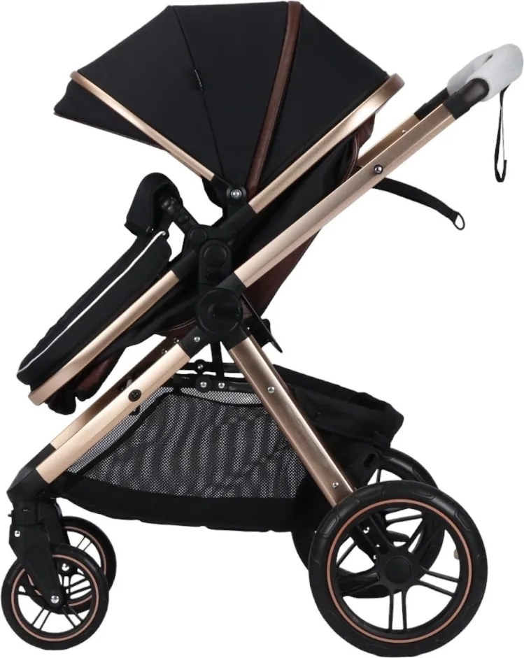 Carucior nou nascuti 2 in 1 NOVOKIDS™ X2000 series, Cu geanta bebe, Cadru Aluminiu Gold, Amortizoare, Roti din cauciuc plin AVE, Landou, Spatar
