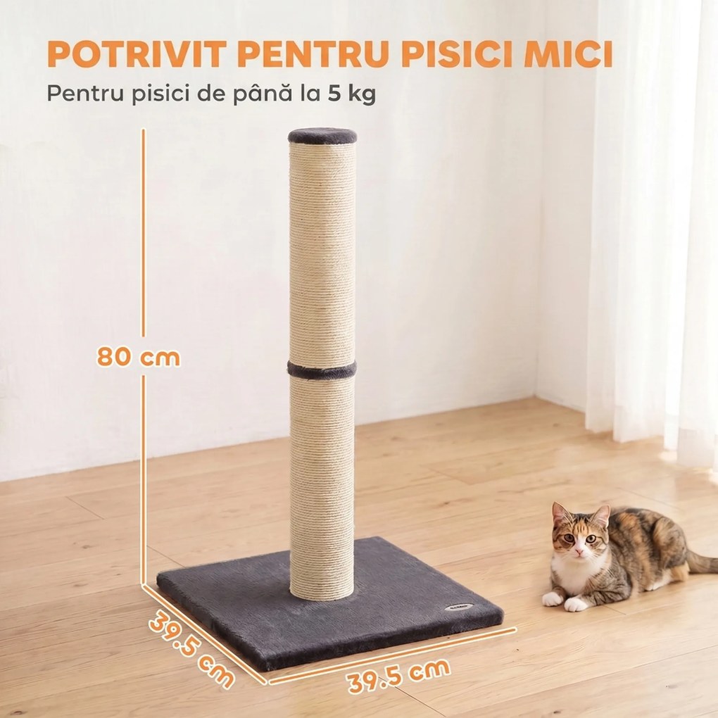 PawHut Ansamblu de Zgâriat Ușor pentru Pisici, 80 cm, cu Frânghie din Sisal, Bază din PAL și Pluș, Gri Închis | Aosom Romania