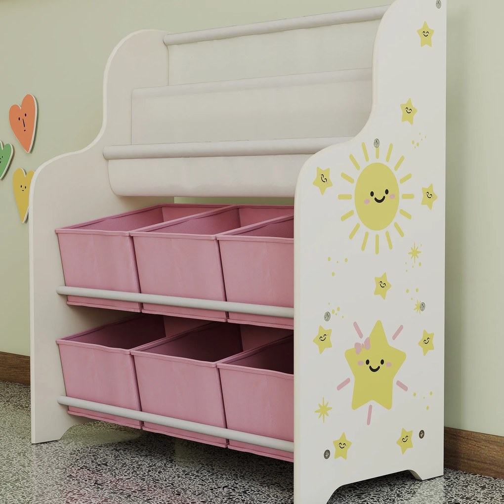 AIYAPLAY Raft pentru Jucării cu 6 Sertare și Bibliotecă cu 2 Nivele Roz | Aosom Romania