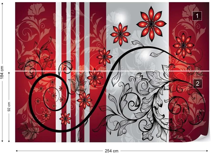 GLIX Fototapet - Modern Floral Design Silver And Red Vliesová tapeta  - 254x184 cm
